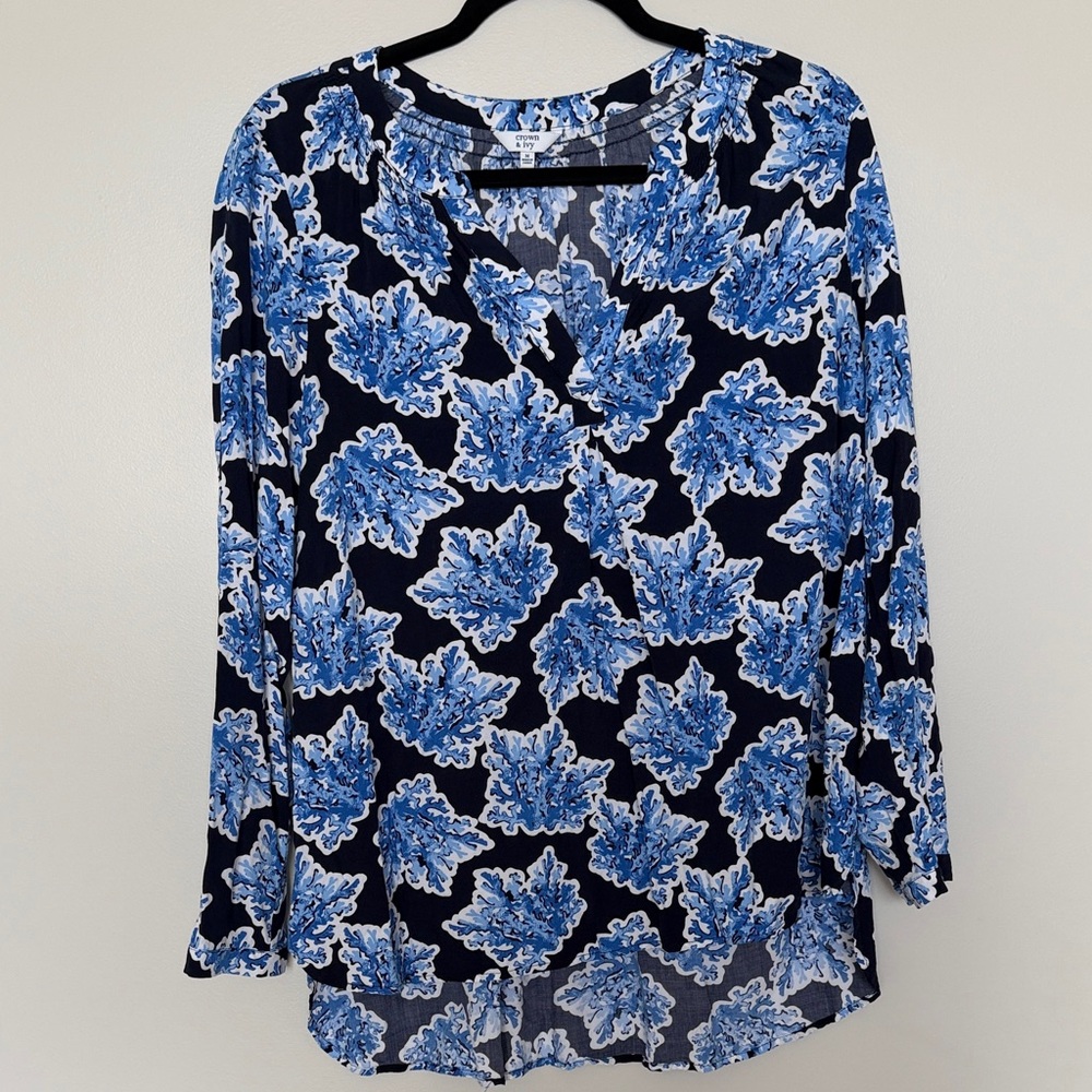 Cynthia Rowley Navy and Blue Leaf Pattern Blouse